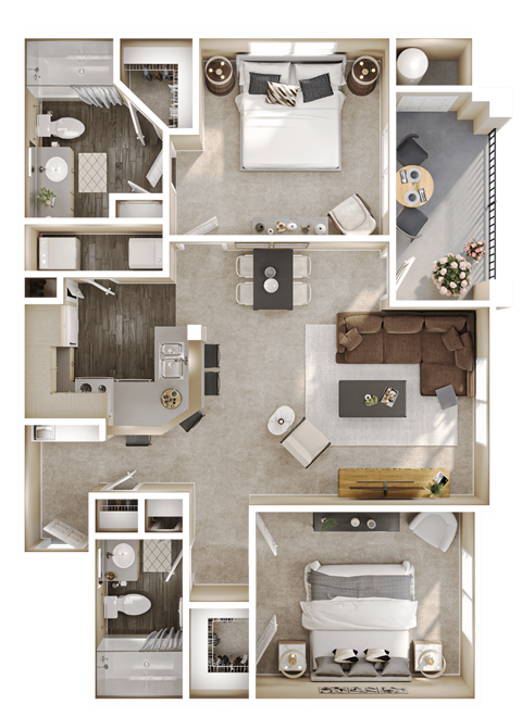 a 3d rendering of a floor plan of a bedroom and living room